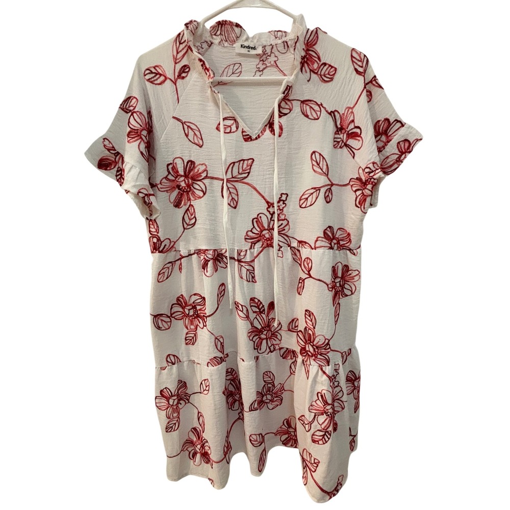 Anthropologie Kindred Women's White Red Floral Embroidered Tiered Shift Dress M